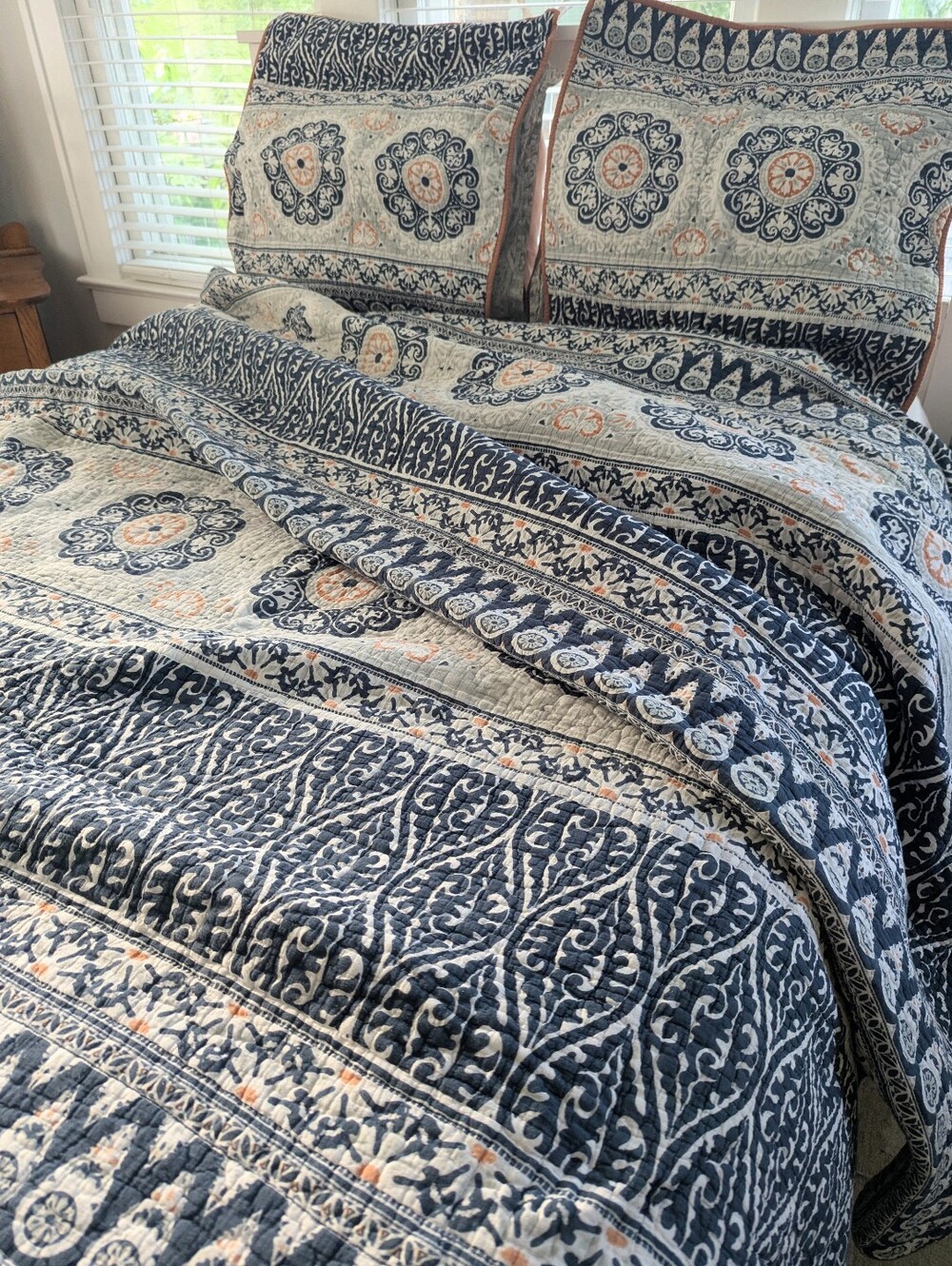 Pottery Barn Blue and Soft Pink Medallion Quilted Bedding Set